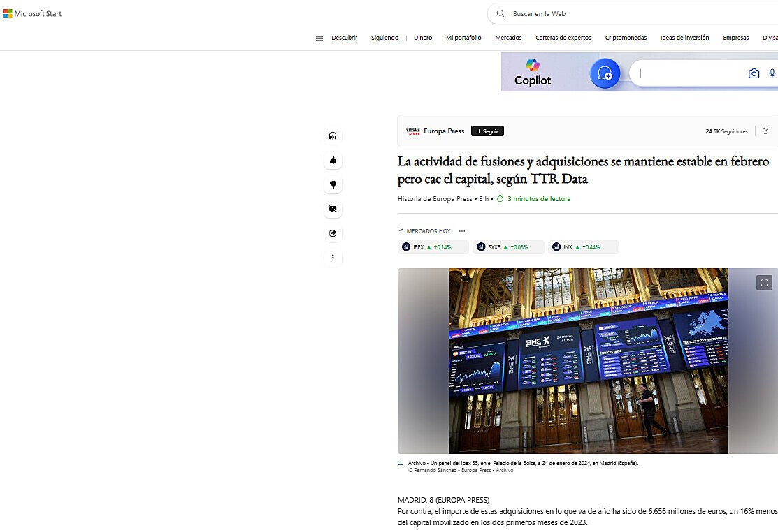 La actividad de fusiones y adquisiciones se mantiene estable en febrero pero cae el capital, segn TTR Data